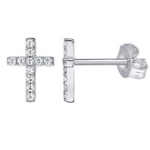 Pair Of 925 Sterling Silver Medium White CZ Cross Minimal Stud Earrings